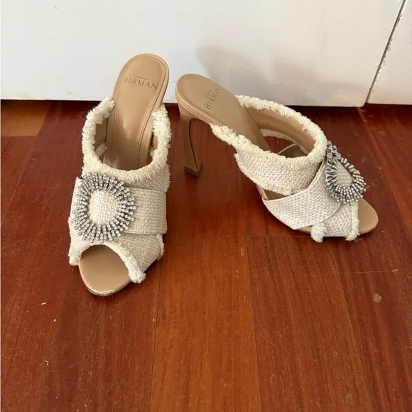 Alexandre Birman Madelina Raffia Crystal Mule Cream Sandals with Studded Accents - Picture 1 of 6